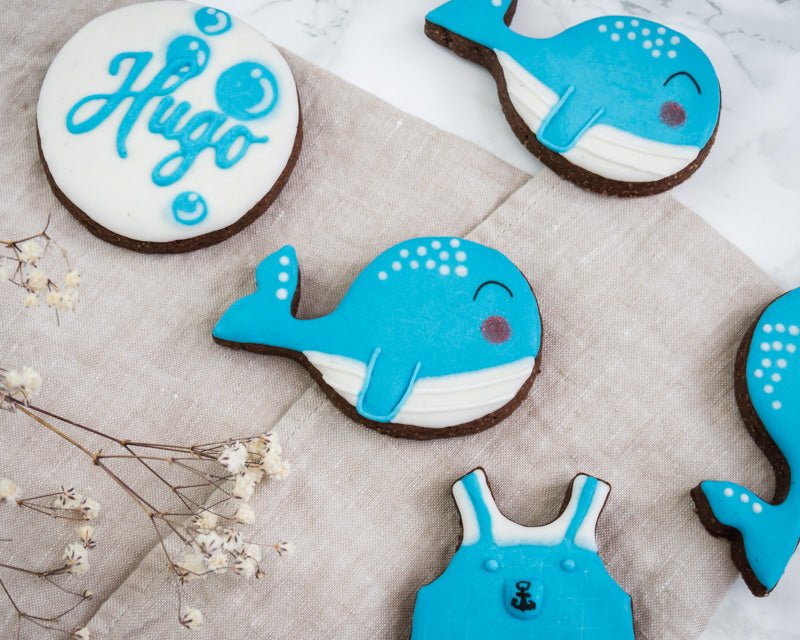 biscuits pour la naissance d'Hugo sur le thème des baleines